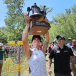 Catrina Allen hoists her trophy after winning  the Professional Disc Golf World Championships at Fort Buenaventura Park in Ogden on Saturday, June 26, 2021.